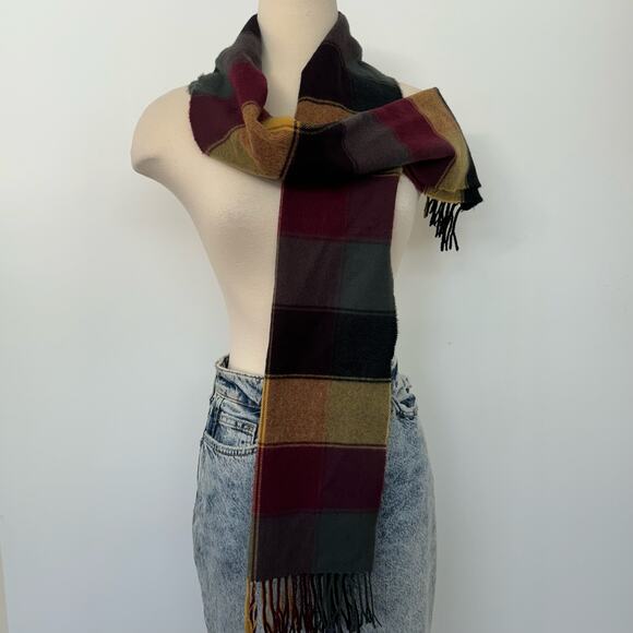 Plaid Cashmere Oblong Scarf Made in England Fringe Trim Brown Yellow Black - Picture 5 of 7